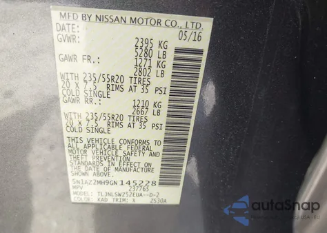 2016 Nissan Murano Platinum из США, поврежденный, VIN 5N1AZ2MH9GN145228